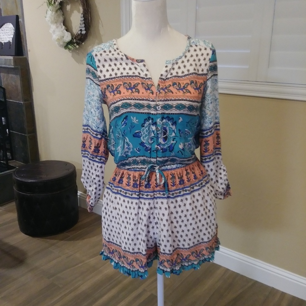 Roxy Romper XS 3/4 Sleeve Tie Waist Boho Beach